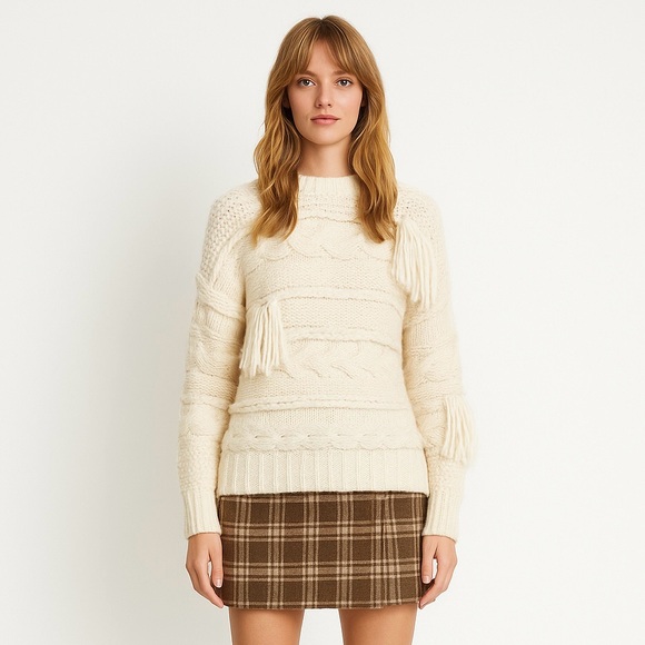 & Other Stories Wool Sweater Ivory Fringed Chunky Cable Knit Pullover - Picture 1 of 12